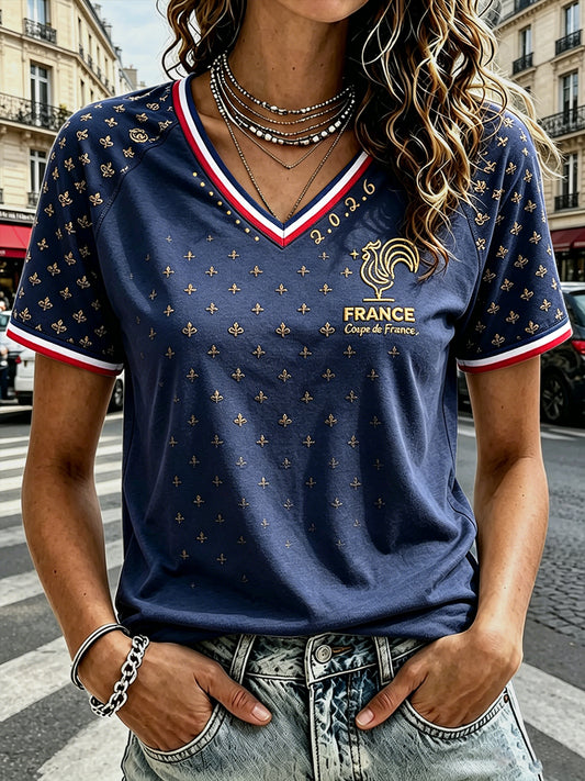 T-shirt Décontracté Femme Bleu Marine Français 2026 Coq Imprimé Col V