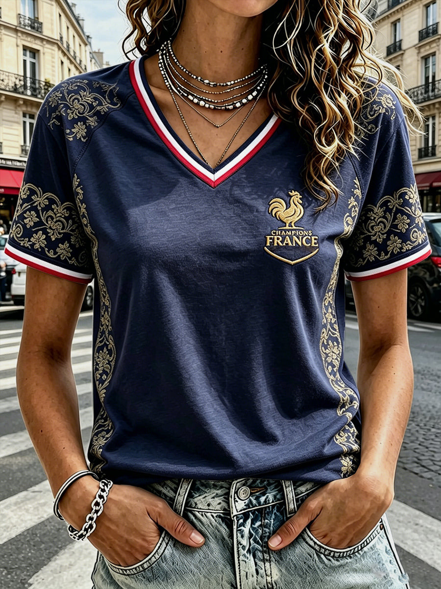 T-shirt à col en V décontracté à imprimé coq de football français bleu marine pour femme