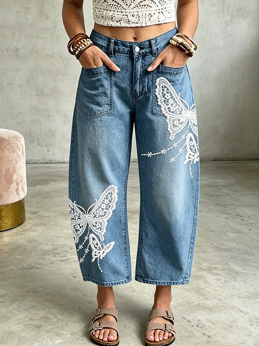 Pantalon à poches avec impression artistique de papillons pour femmes