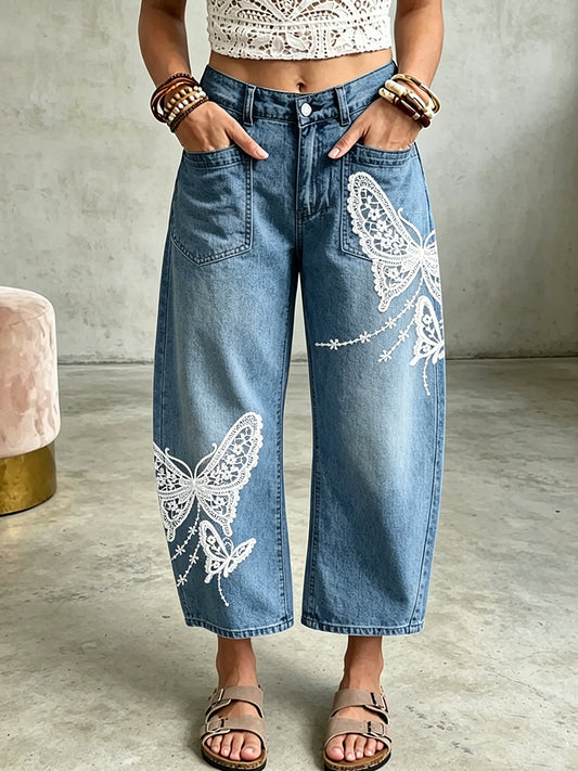 Pantalon à poches avec impression artistique de papillons pour femmes