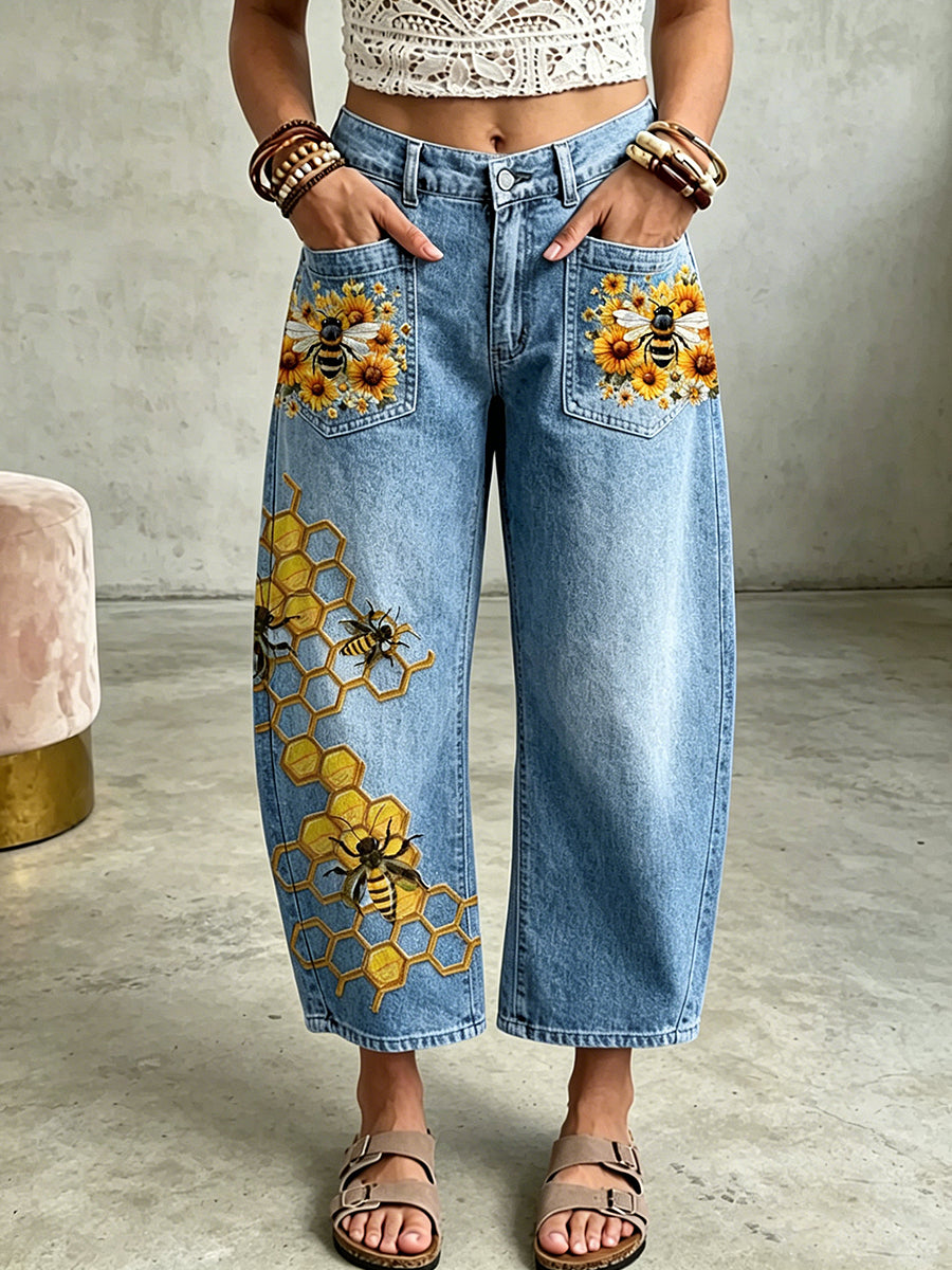 Pantalon à poches avec impression artistique de femmes et d’abeilles