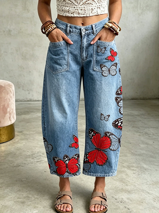 Pantalon à poches avec impression artistique de papillons pour femmes
