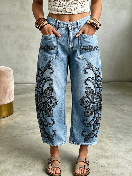 Pantalon à poches avec impression artistique de papillons pour femmes