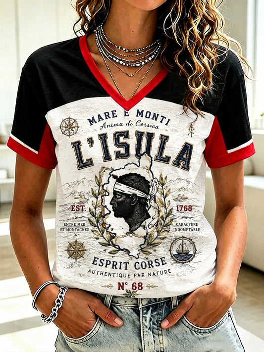 T-shirt à col en V imprimé du drapeau français de Corse pour femme