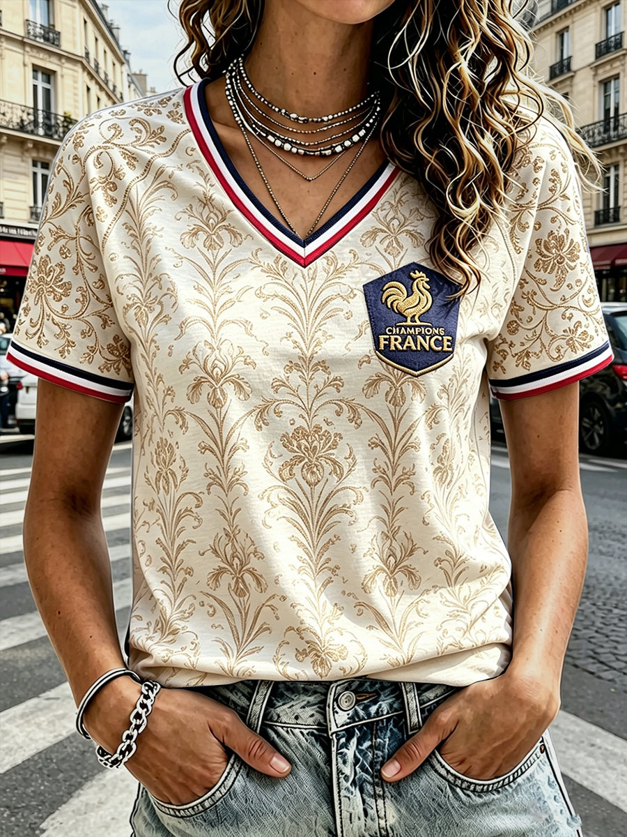 T-shirt écru à col V pour femme, motif coq et fleurs de football français