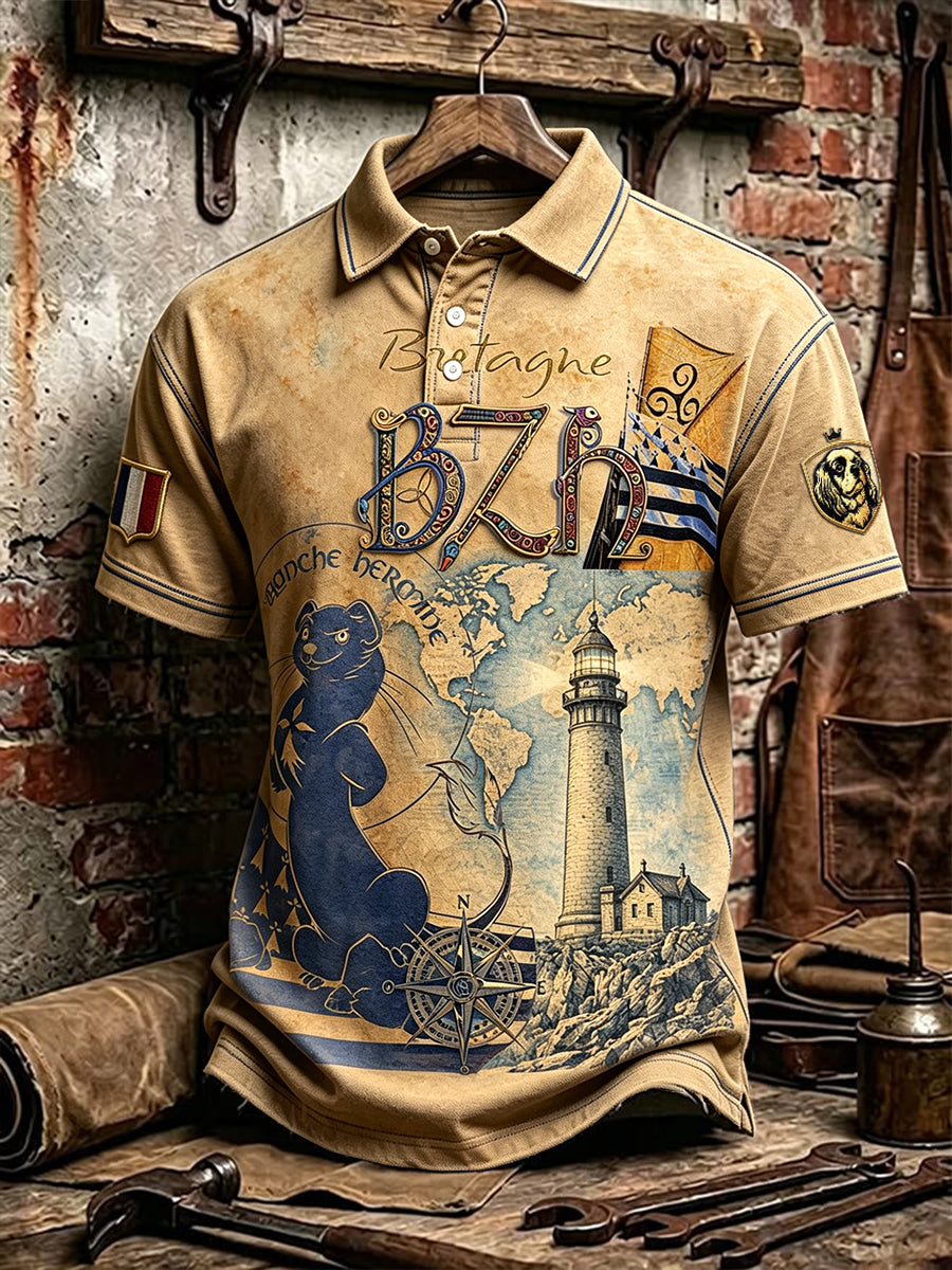 Polo décontracté vintage pour homme, imprimé port breton français