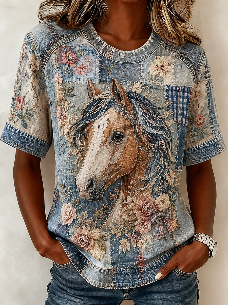 Retro Collage Floral Horse Print Casual T-shirt à manches courtes pour femmes