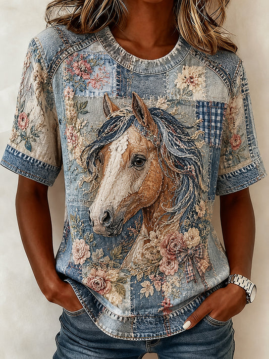 Retro Collage Floral Horse Print Casual T-shirt à manches courtes pour femmes