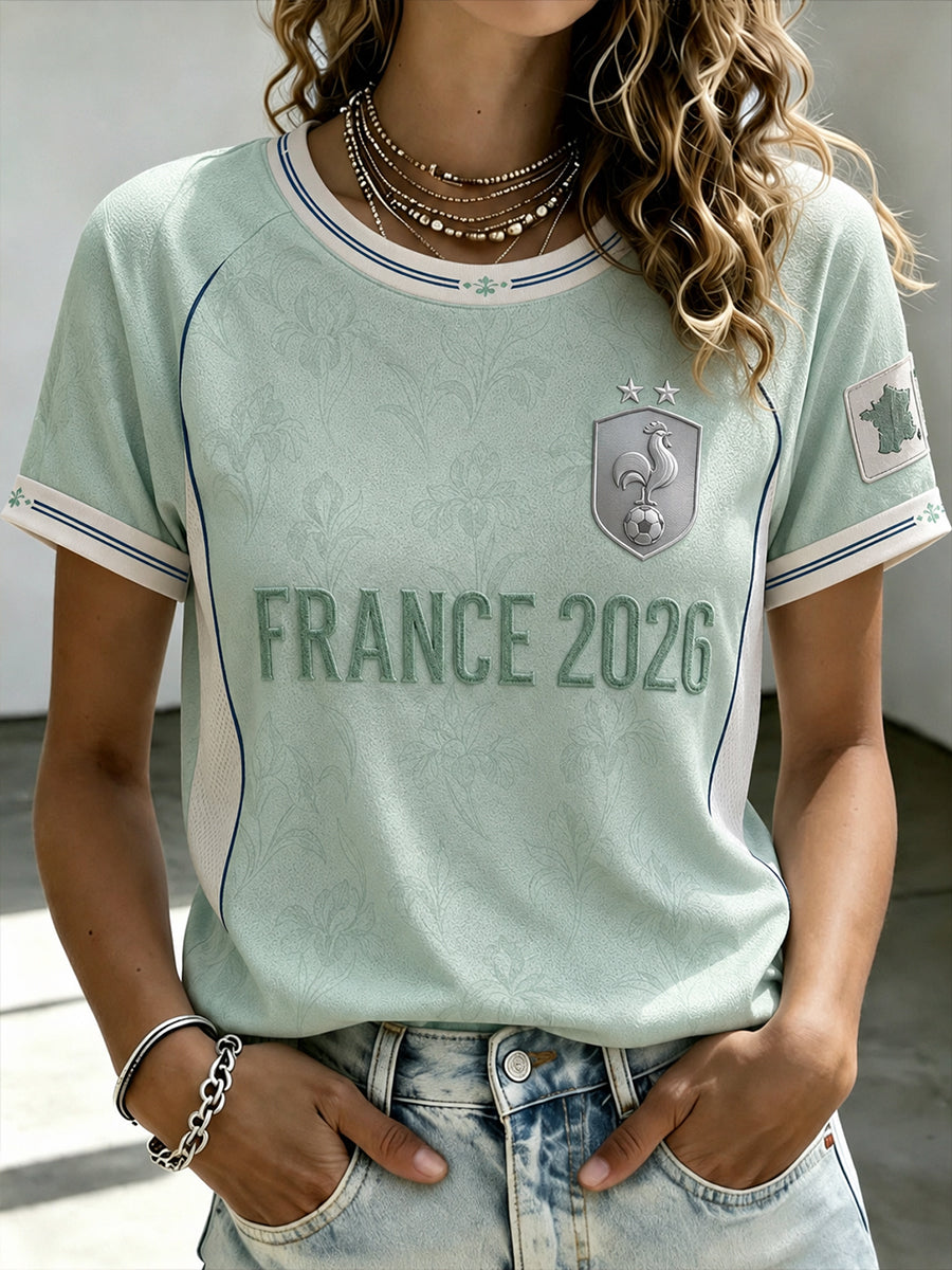 T-shirt femme de football français à col rond et manches courtes