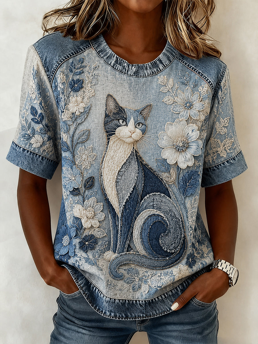Mignon Collage Floral Cat Print Casual T-shirt à manches courtes des femmes