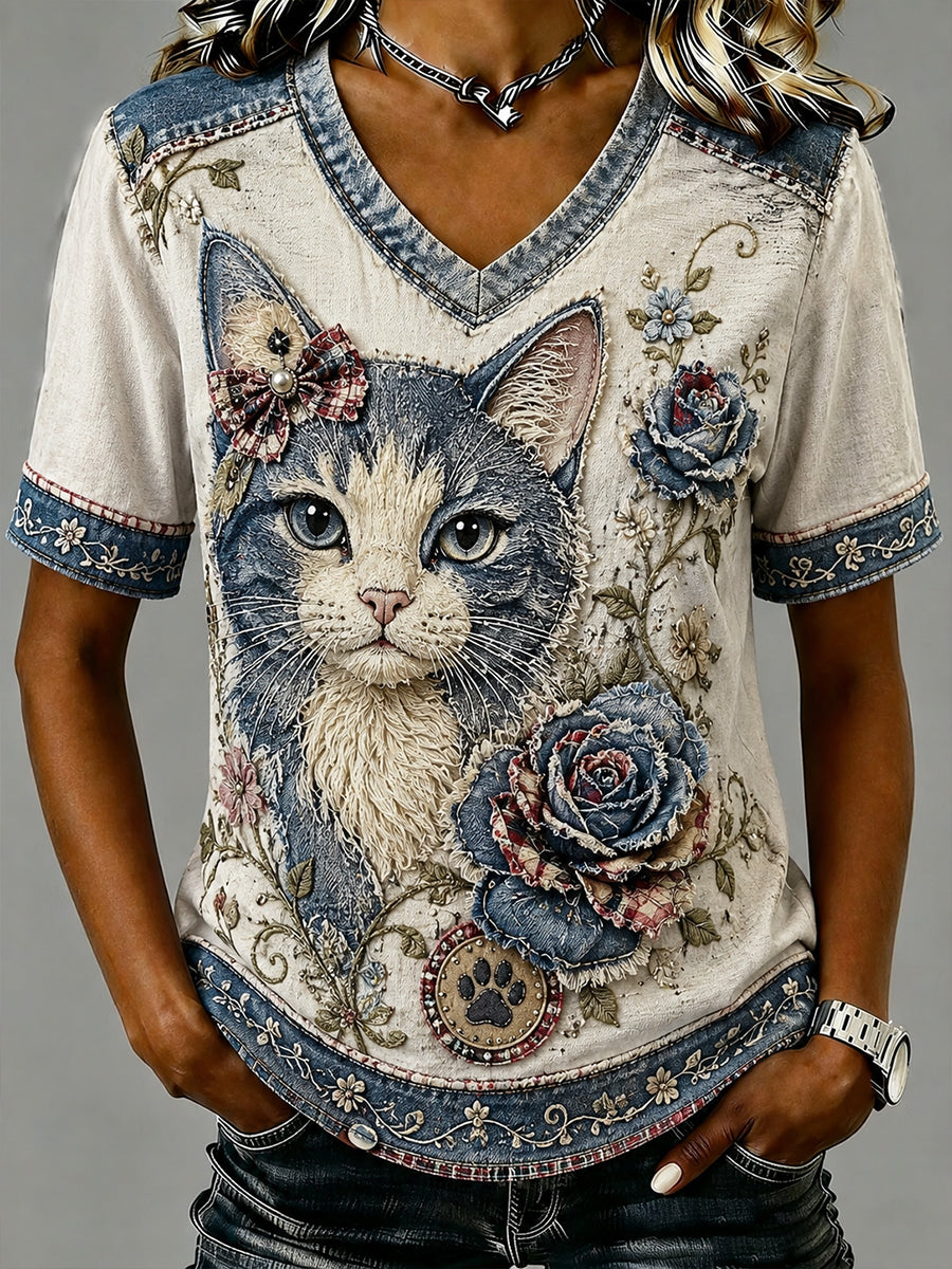 Retro Collage Floral Cat manches V-Neck T-Shirt Femme
