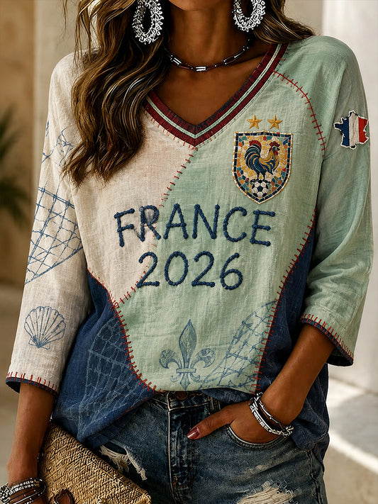 T-shirt français de football pour femmes, en lin, à manches courtes