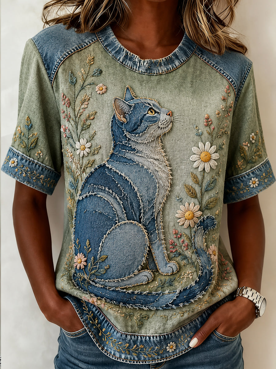 T-shirt décontracté à manches courtes pour femme, mignon, motif collage floral et imprimé chat