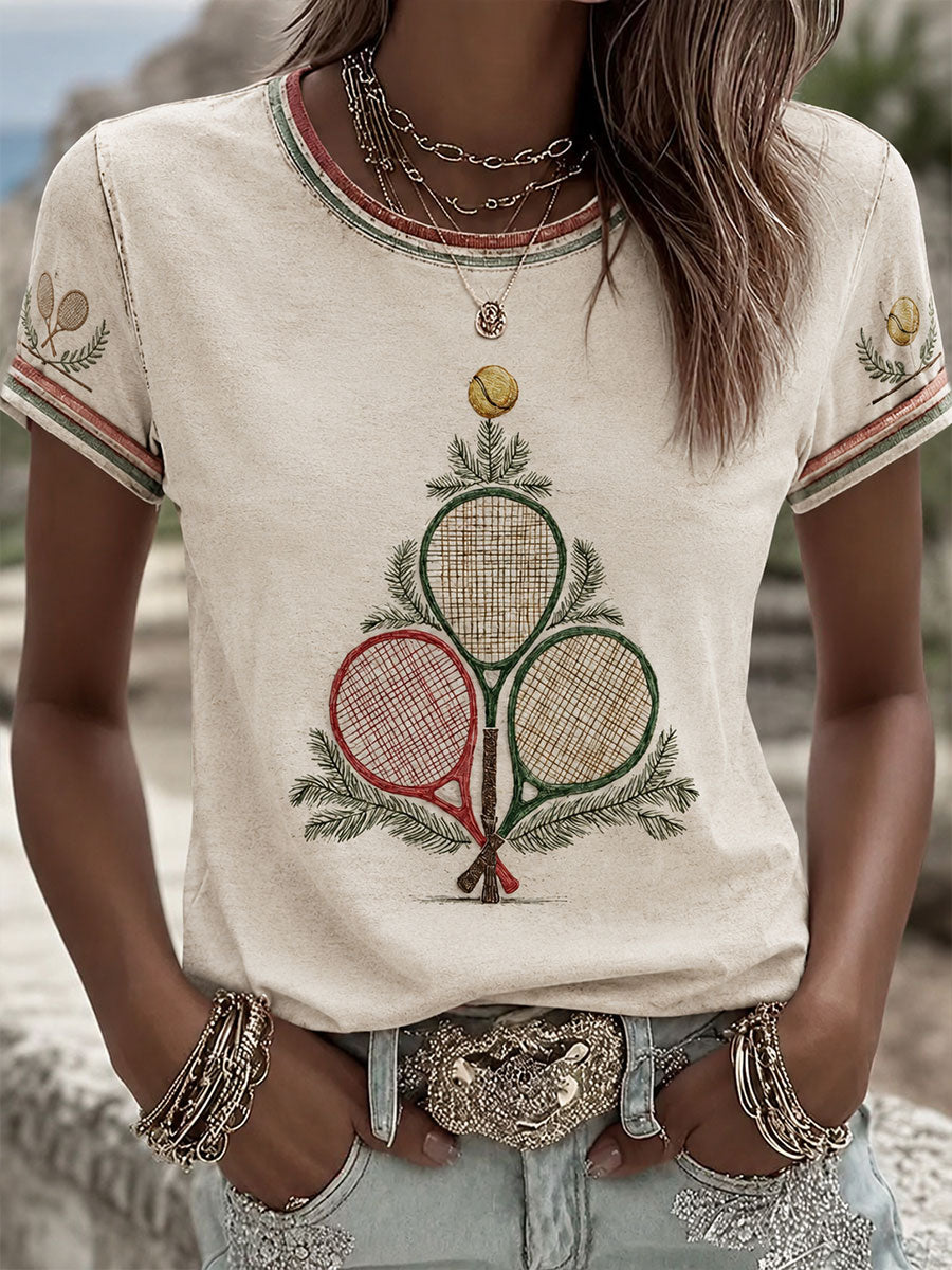 T-shirt à manches courtes pour femmes Tennis Christmas Tree