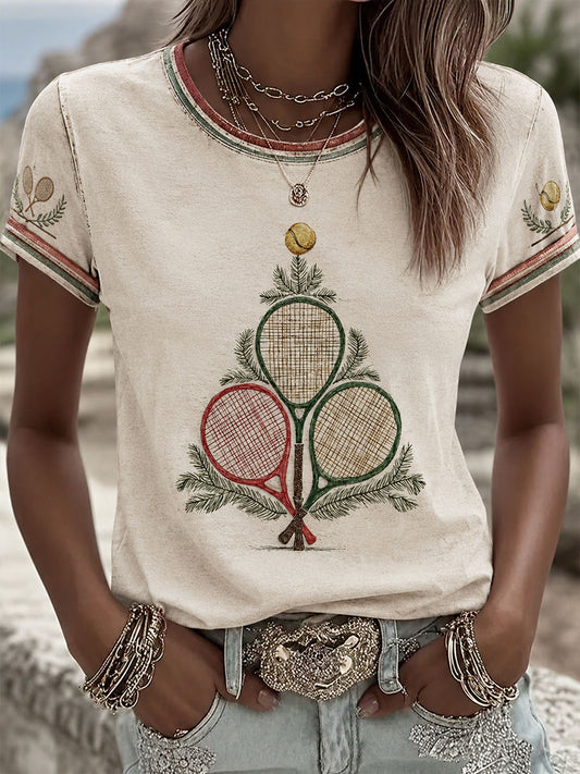 T-shirt à manches courtes pour femmes Tennis Christmas Tree