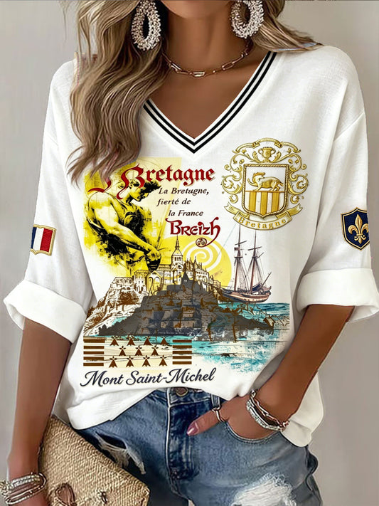 T-shirt décontracté à col en V pour femme, style vintage, blanc cassé, imprimé de la Bretagne française et du Mont-Saint-Michel