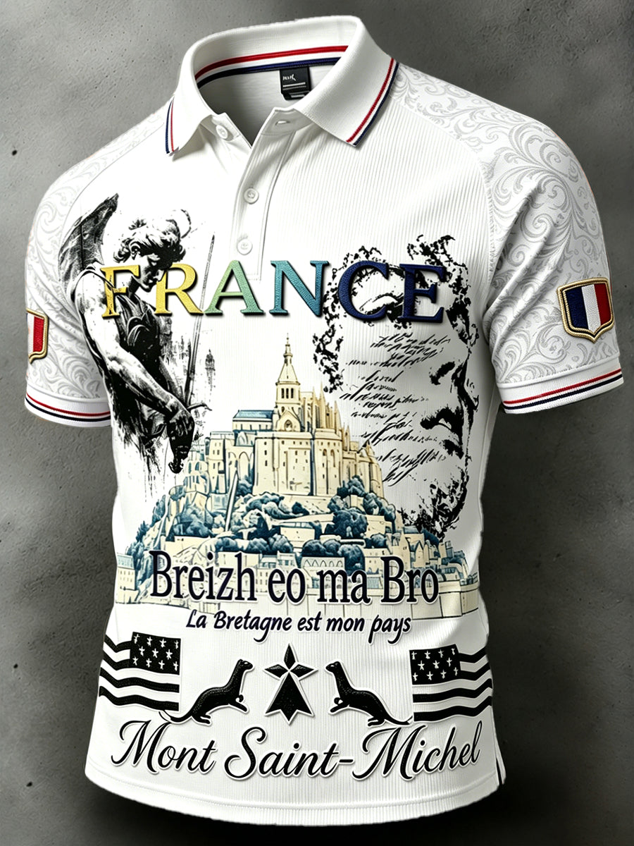 Polo décontracté blanc pour homme, imprimé Saint-Michel-du-Mont-Saint-Michel, Bretagne, style français
