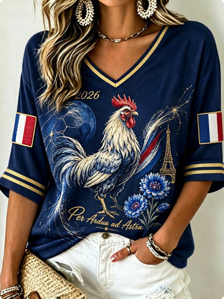 T-shirt femme à manches mi-longues et col en V