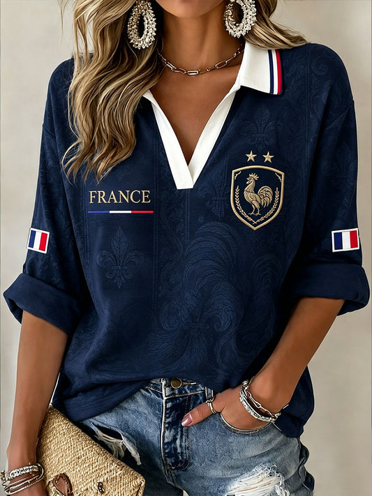 T-shirt à manches mi-longues et col en V pour femmes, France Football