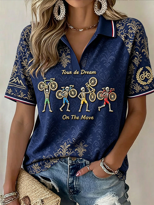 Polo femme bleu marine à col en V, imprimé floral, style cycliste français, décontracté