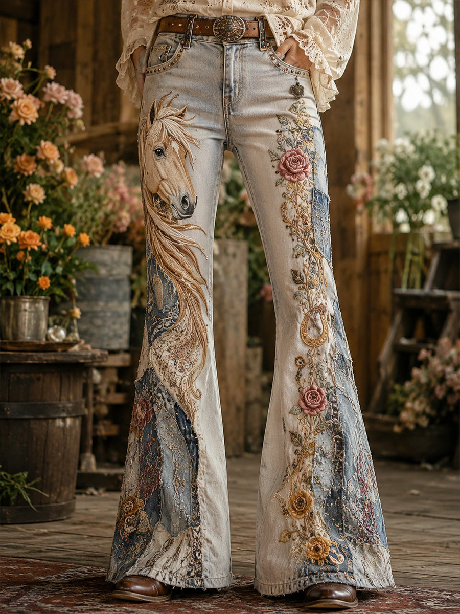 Vintage Floral et cheval Collage Art Print des femmes Pantalon évasé