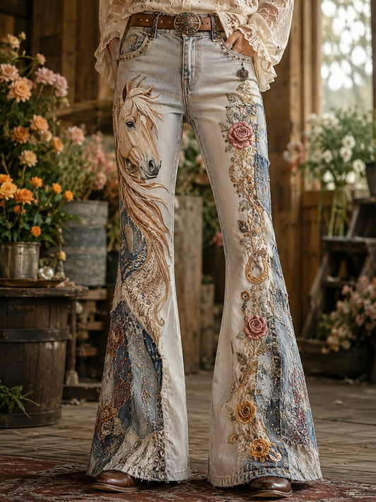 Vintage Floral et cheval Collage Art Print des femmes Pantalon évasé