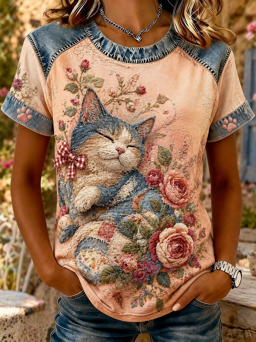 Vintage Floral Kitten Collage Casual T-shirt à manches courtes des femmes