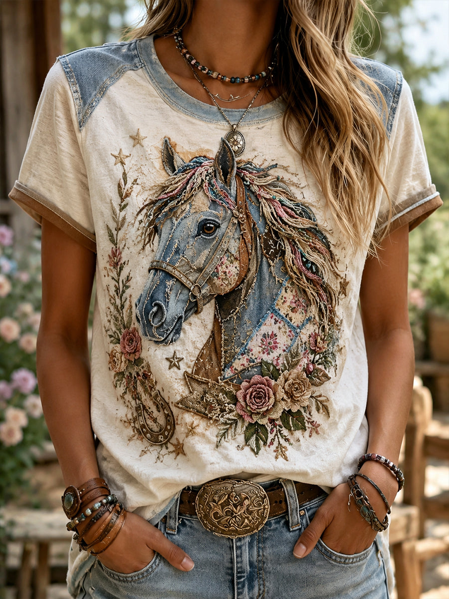 Vintage Floral Western Horse Collage Art des femmes à manches courtes T-Shirt