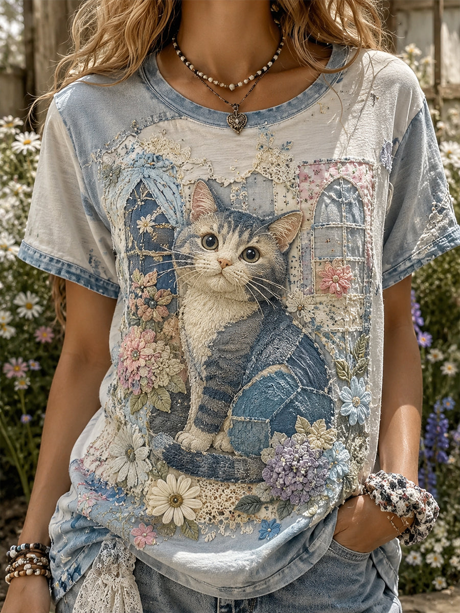 T-shirt à manches courtes Vintage Floral Cat Collage pour femme