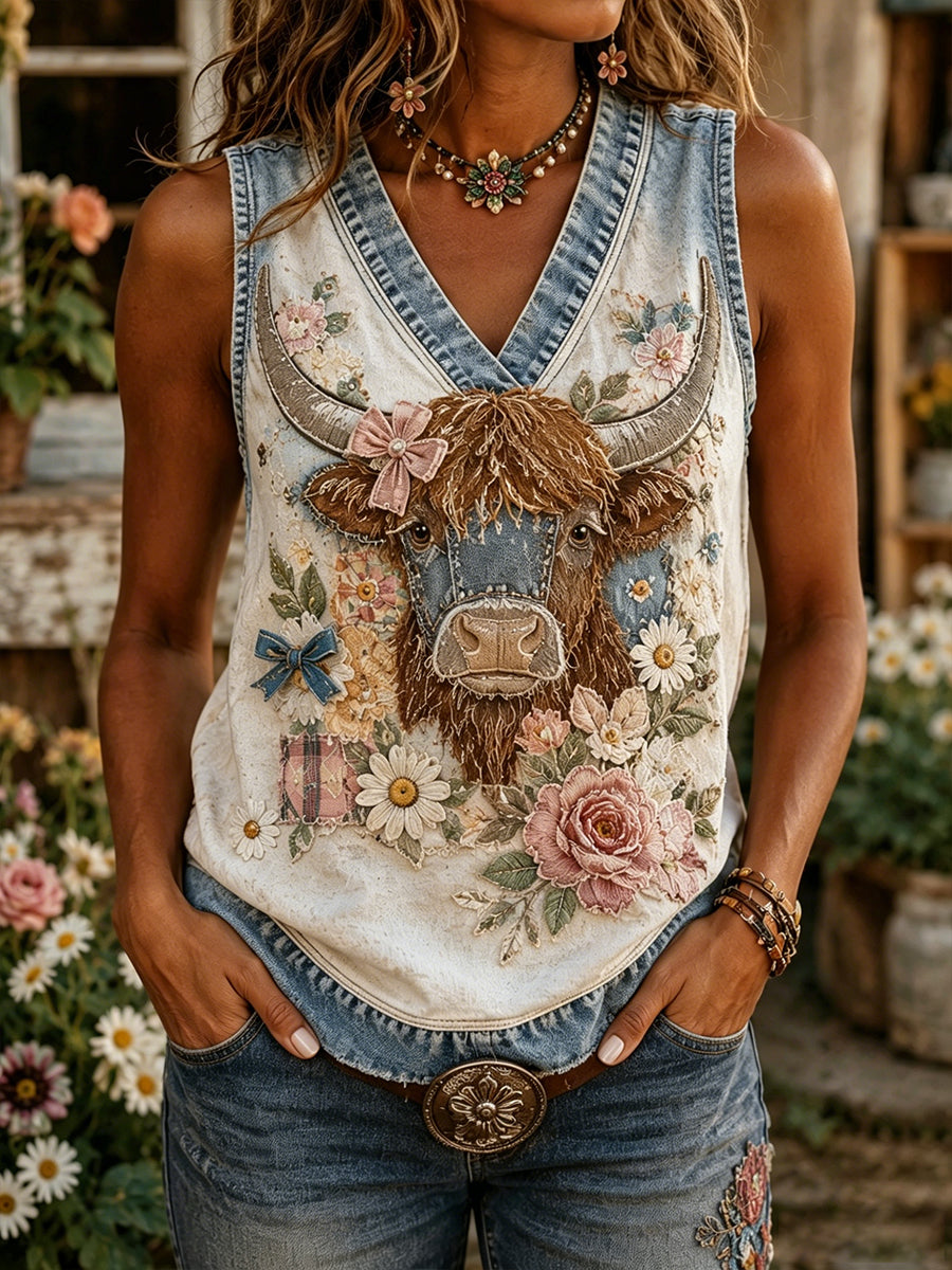 Gilet Vintage Floral Highland Cow Collage Femme