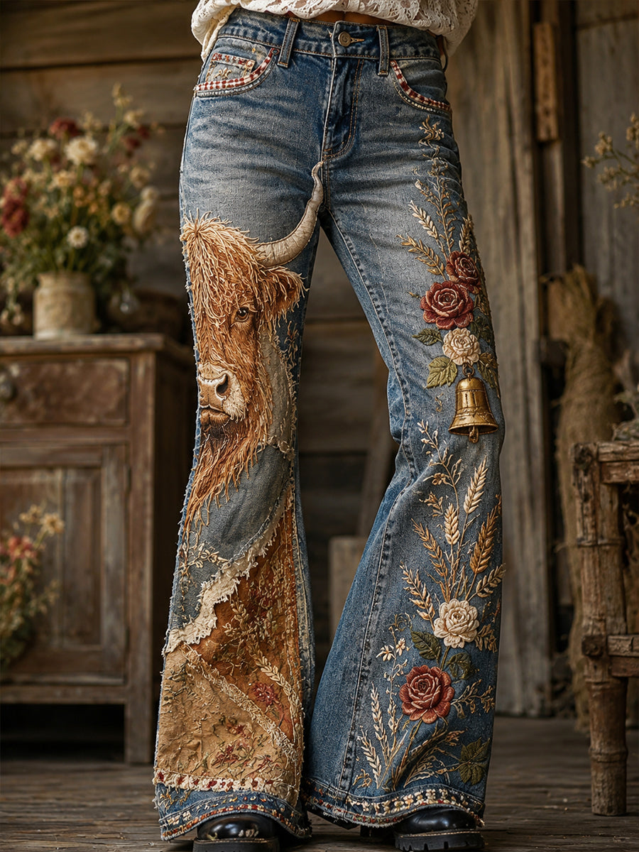 Femmes Vintage Floral Highland Cow Collage Art Print Pantalon évasé