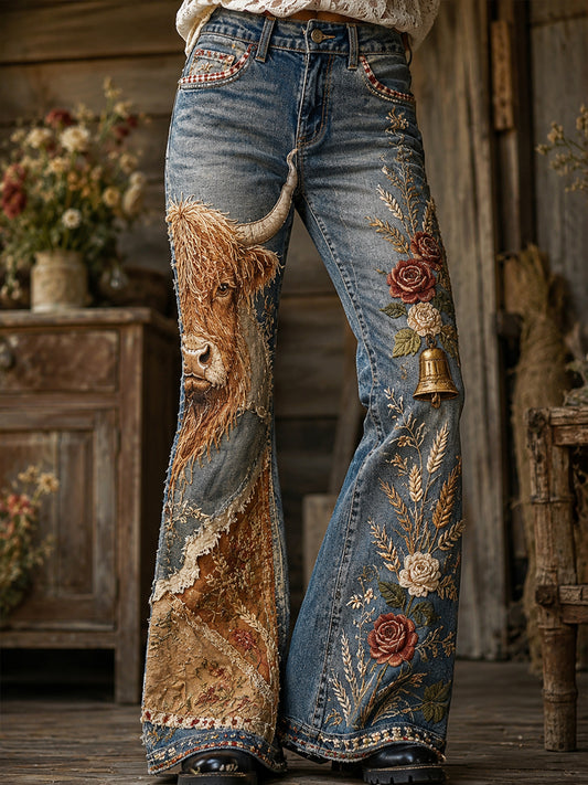 Femmes Vintage Floral Highland Cow Collage Art Print Pantalon évasé