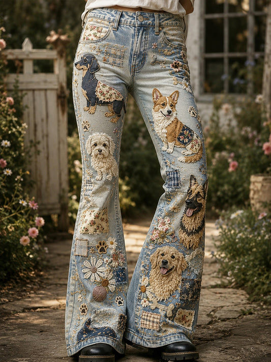 Pantalon évasé Vintage Floral Chiens Collage Art Print Femme