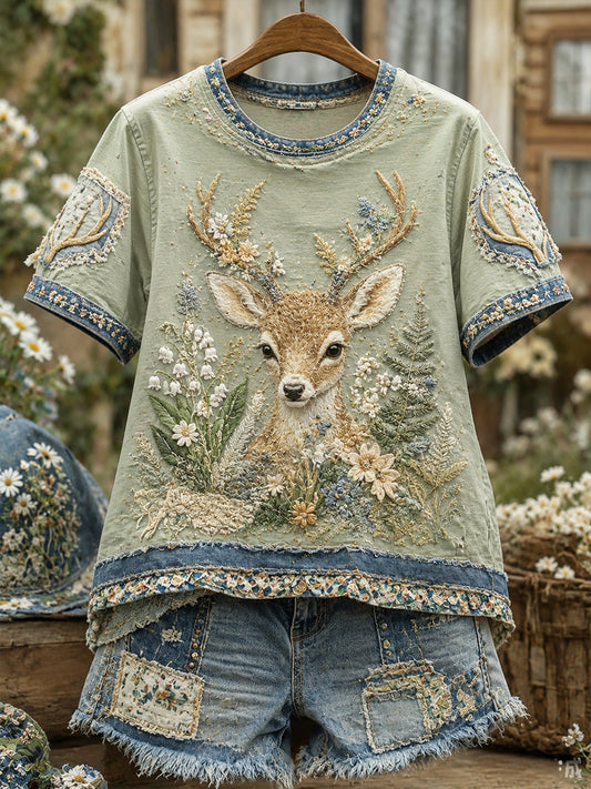 T-shirt à manches courtes Vintage Floral And Deer Collage Femme