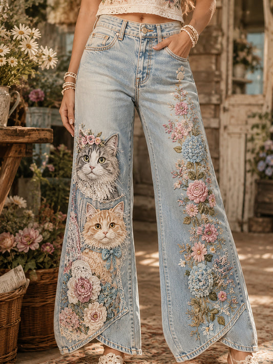 Pantalon évasé à imprimé d'art pastoral de chat de style vintage pour femme