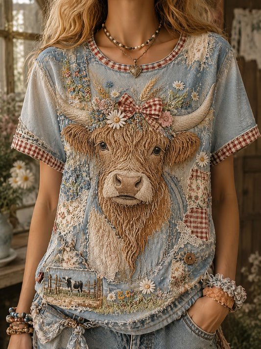 Vintage Floral Highland Cow Collage Art T-shirt à manches courtes des femmes