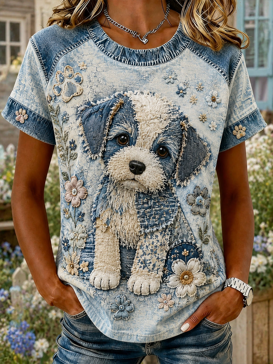 Vintage Floral Puppy Collage Casual T-shirt à manches courtes des femmes