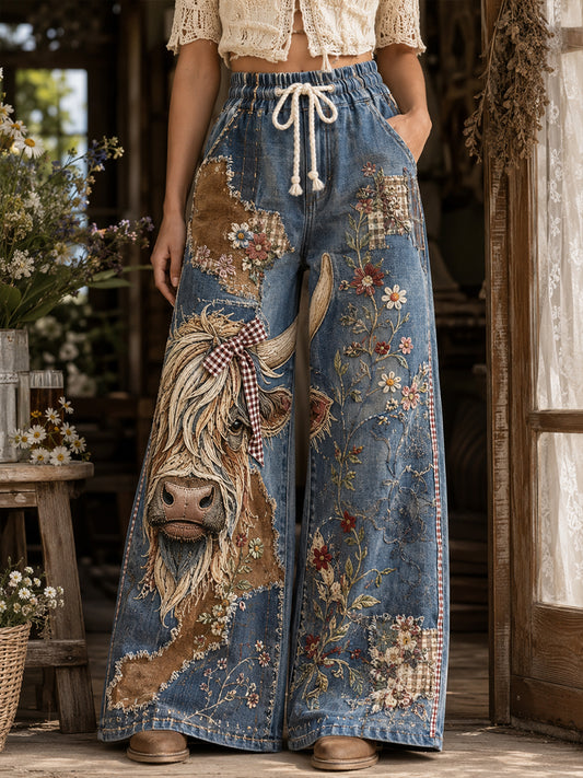 Femmes Vintage Floral Highland Cow Collage Art Print Pantalon