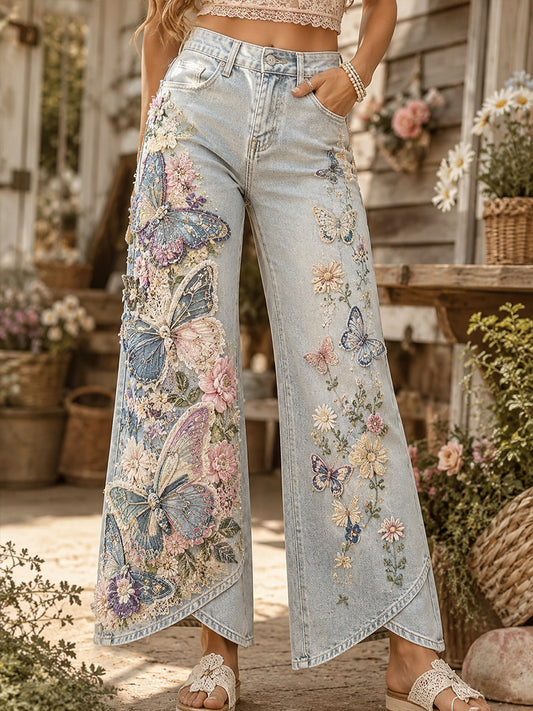 Femmes Vintage Floral et papillon Collage Art Print Pantalon évasé