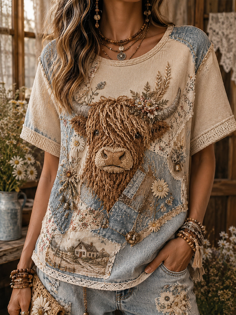T-shirt à manches courtes pour femme, motif floral vintage avec collage de vache des Highlands