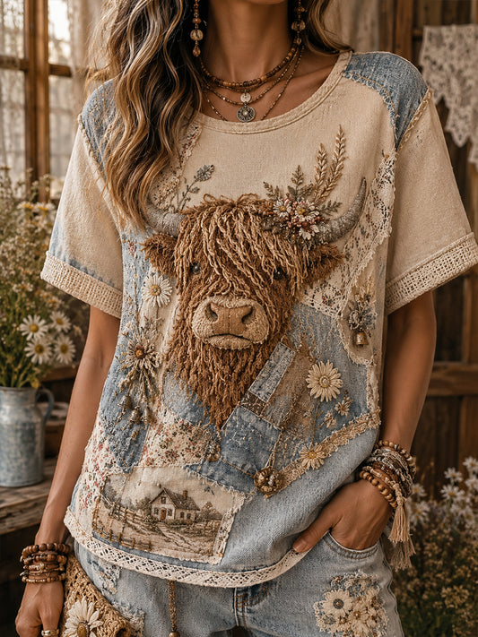 T-shirt à manches courtes pour femme, motif floral vintage avec collage de vache des Highlands