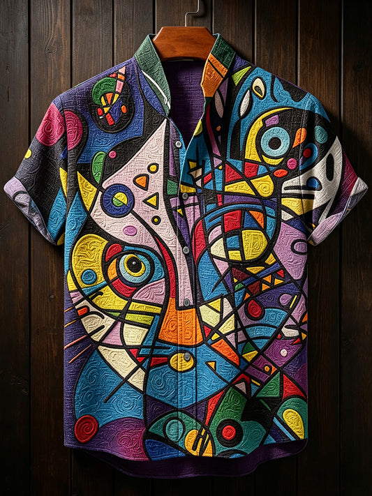 Chemise pour homme vintage à motifs abstraits géométriques et animaux, col montant, manches courtes