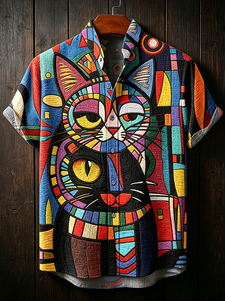 Vintage motif géométrique abstrait animaux hommes col montant chemise à manches courtes
