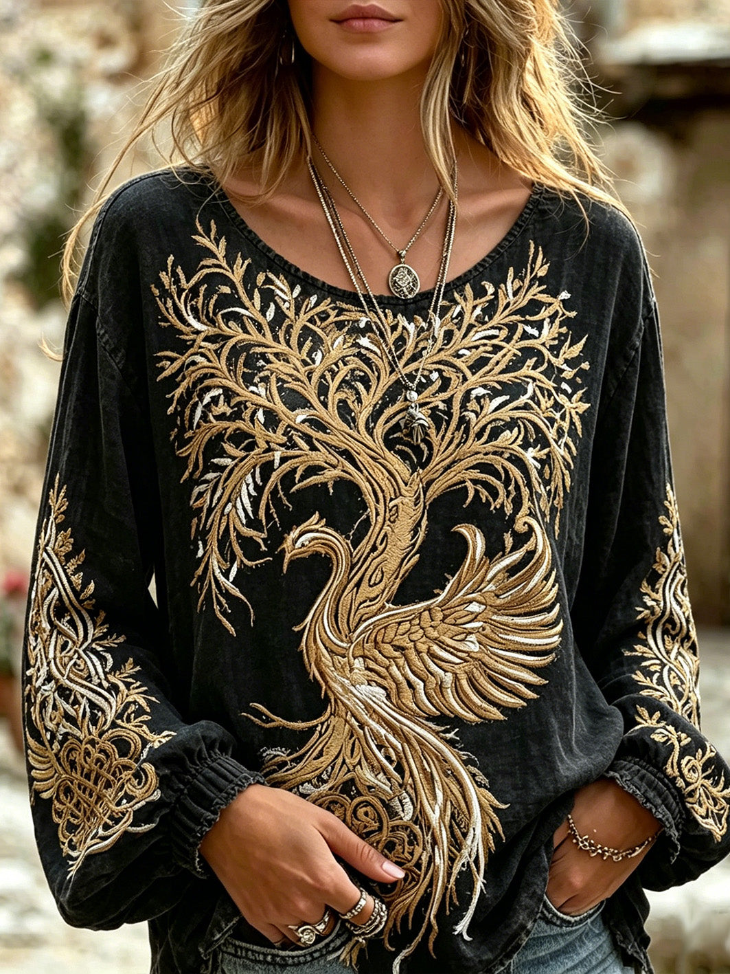 Chemise rétro en coton et lin pour femme, motif représentant l’arbre de vie viking et le phénix
