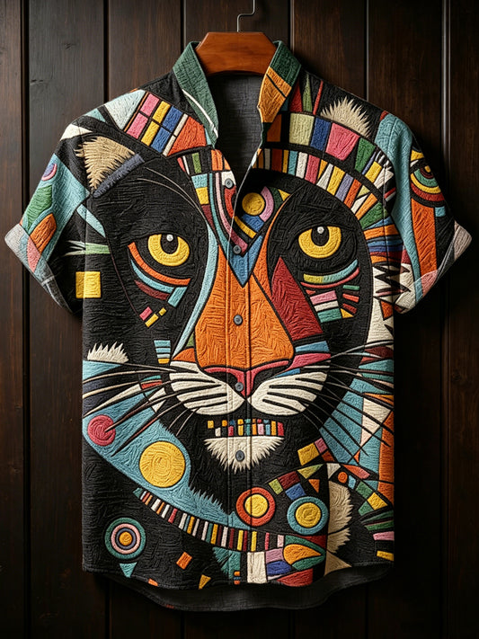 Chemise pour homme vintage à motifs abstraits géométriques et animaux, col montant, manches courtes
