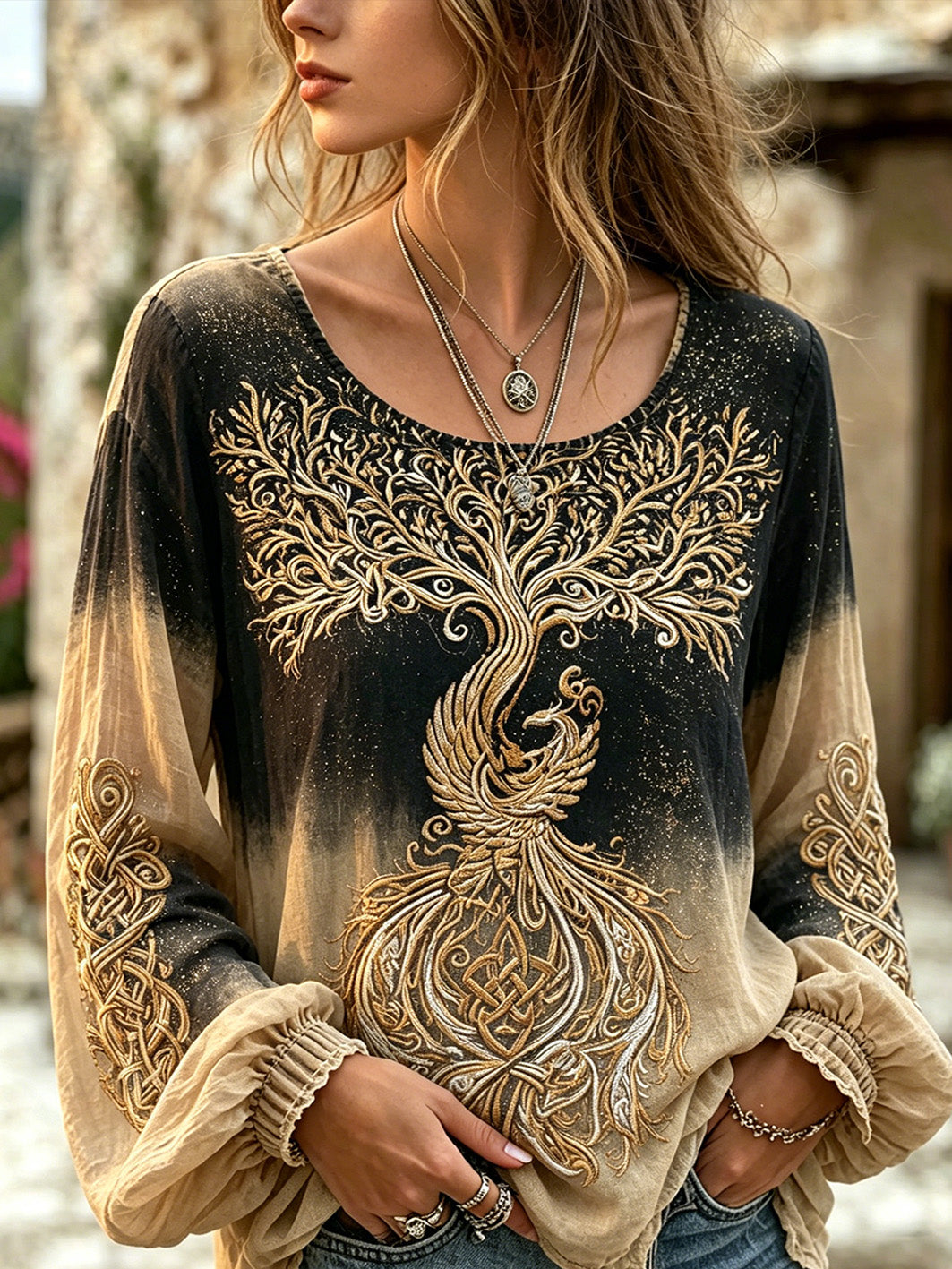 Chemise rétro en coton et lin pour femme, motif représentant l’arbre de vie viking et le phénix