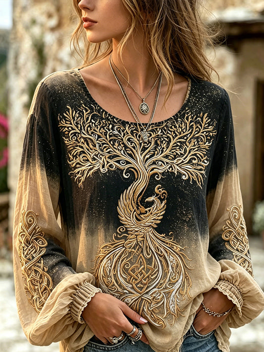 Chemise rétro en coton et lin pour femme, motif représentant l’arbre de vie viking et le phénix