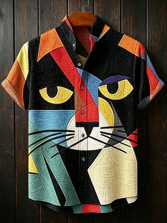 Chemise pour homme vintage à motifs abstraits géométriques et animaux, col montant, manches courtes
