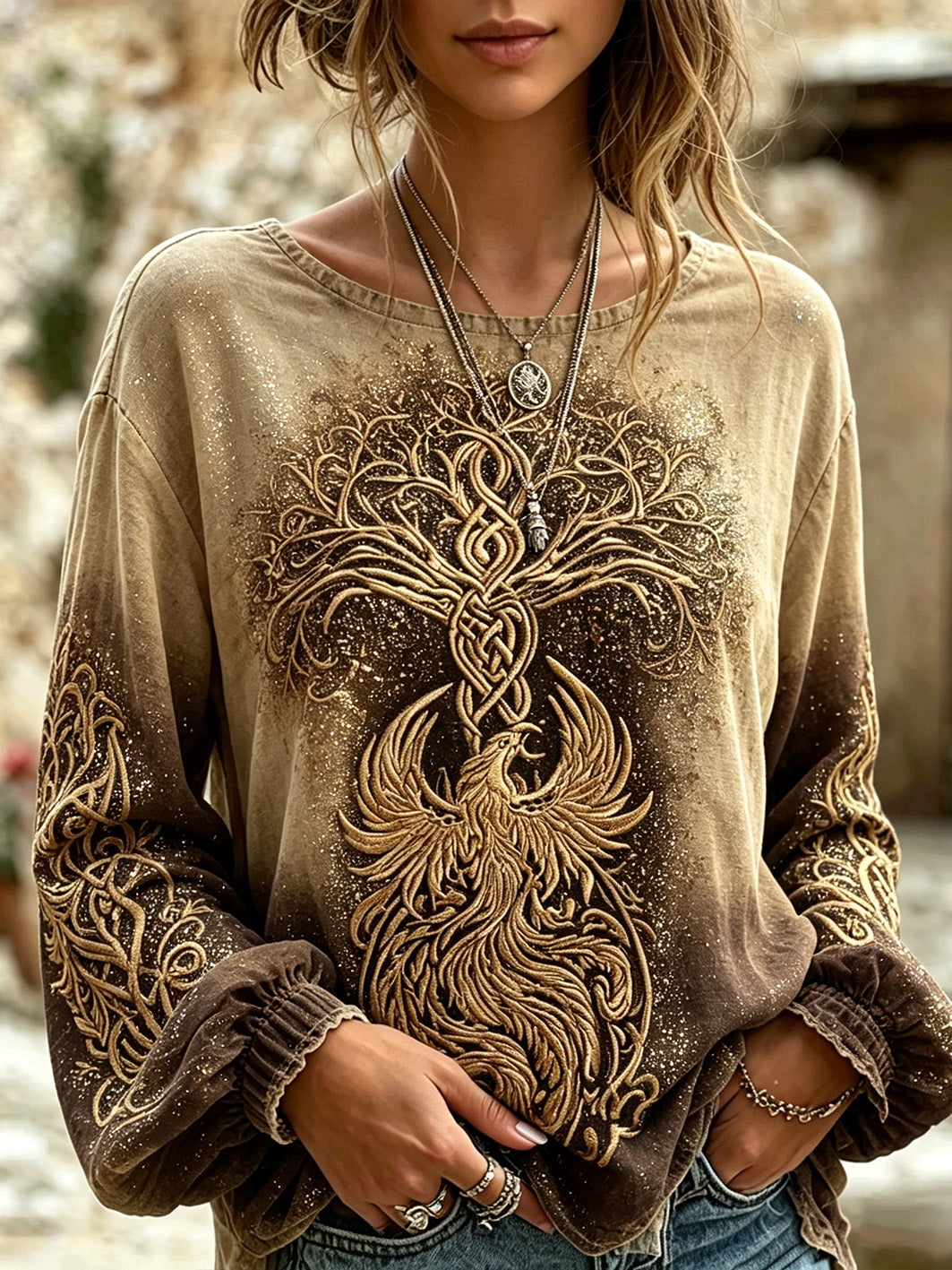 Chemise rétro en coton et lin pour femme, motif représentant l’arbre de vie viking et le phénix