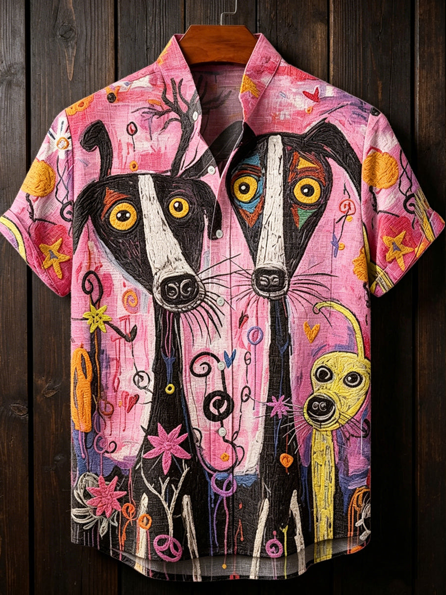 Chemise pour homme vintage à motifs abstraits géométriques et animaux, col montant, manches courtes